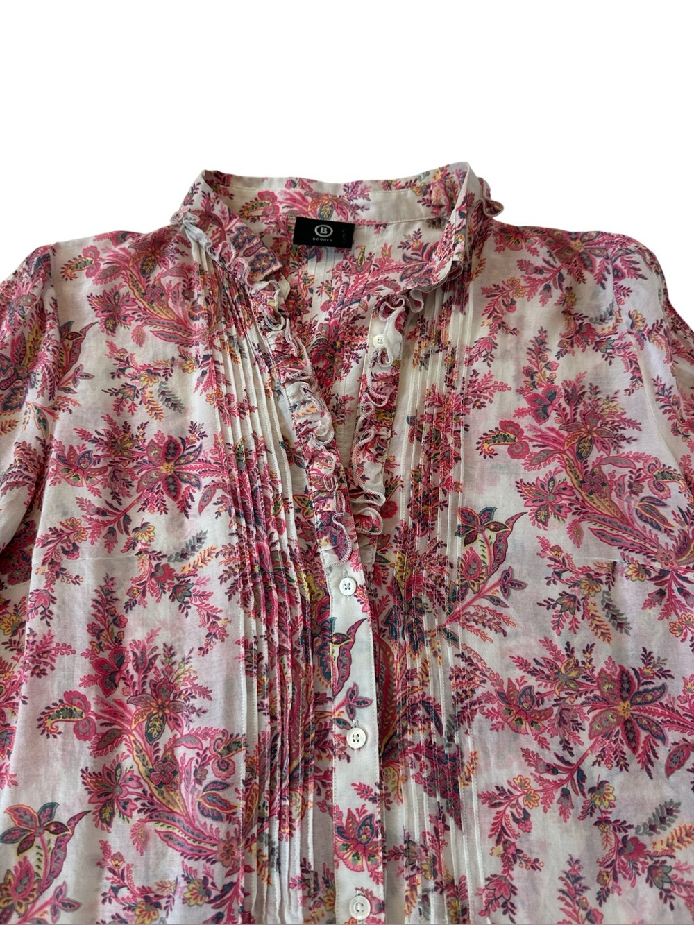 Bogner Floral Ruffle Pintuck Button Down Blouse - Picture 3 of 8